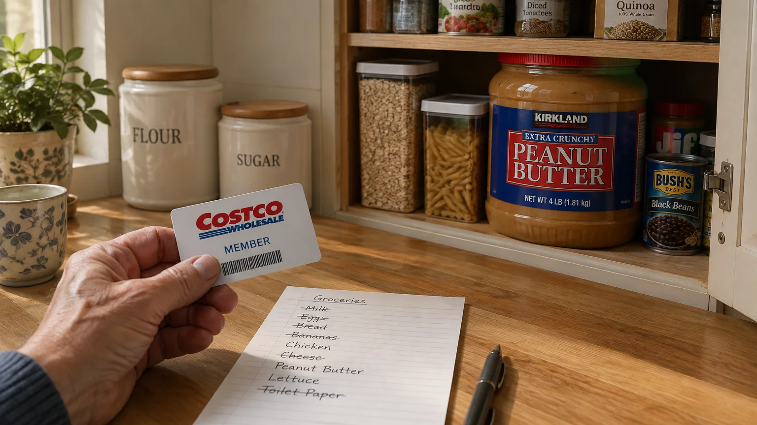 A hand holds a Costco membership card beside a handwritten grocery list on a wooden counter below pantry shelves.