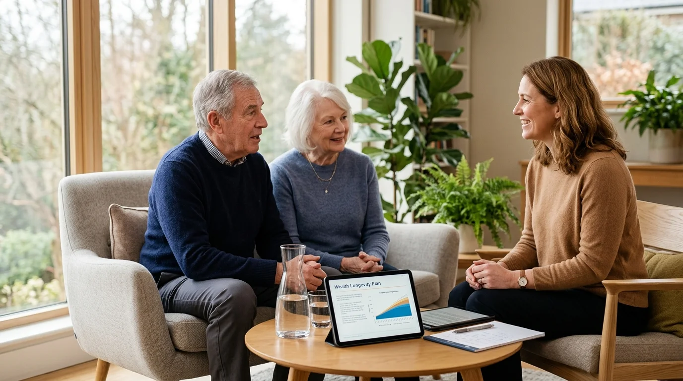 Senior couple sitting on a sofa and reviewing a wealth longevity plan on a tablet with a financial advisor.