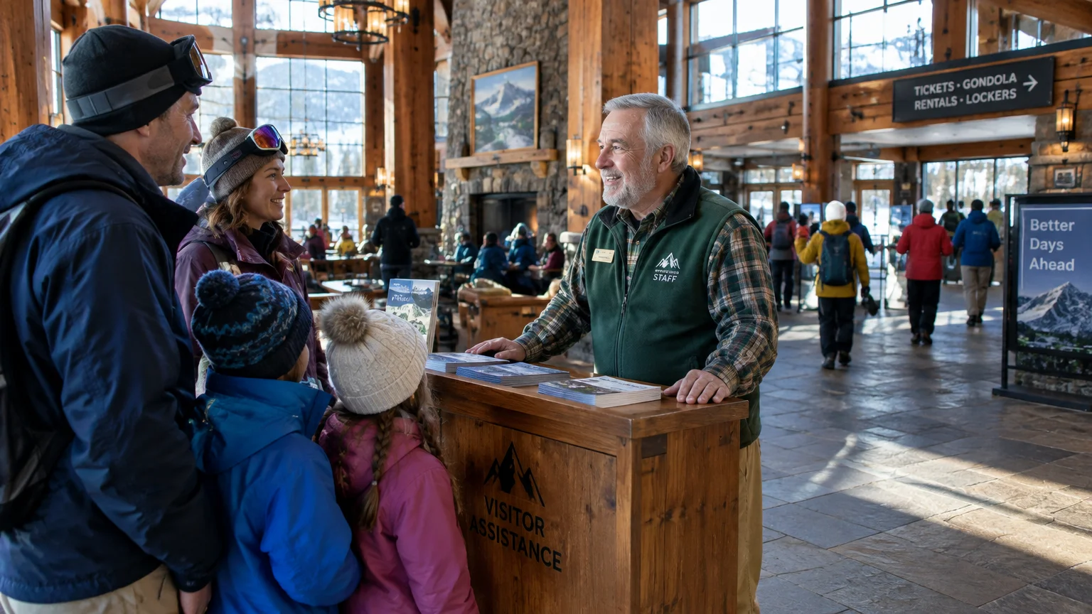 A senior male ski resort staff member smiles behind a wooden visitor assistance desk while talking to a visiting family.