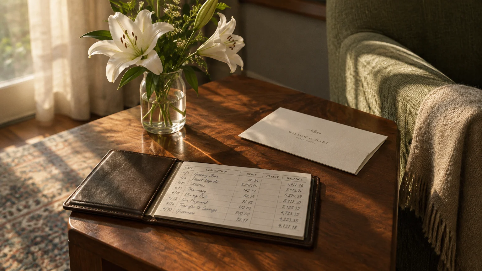 A checkbook register, an envelope, and a vase of white lilies sitting on a wooden side table next to an armchair.