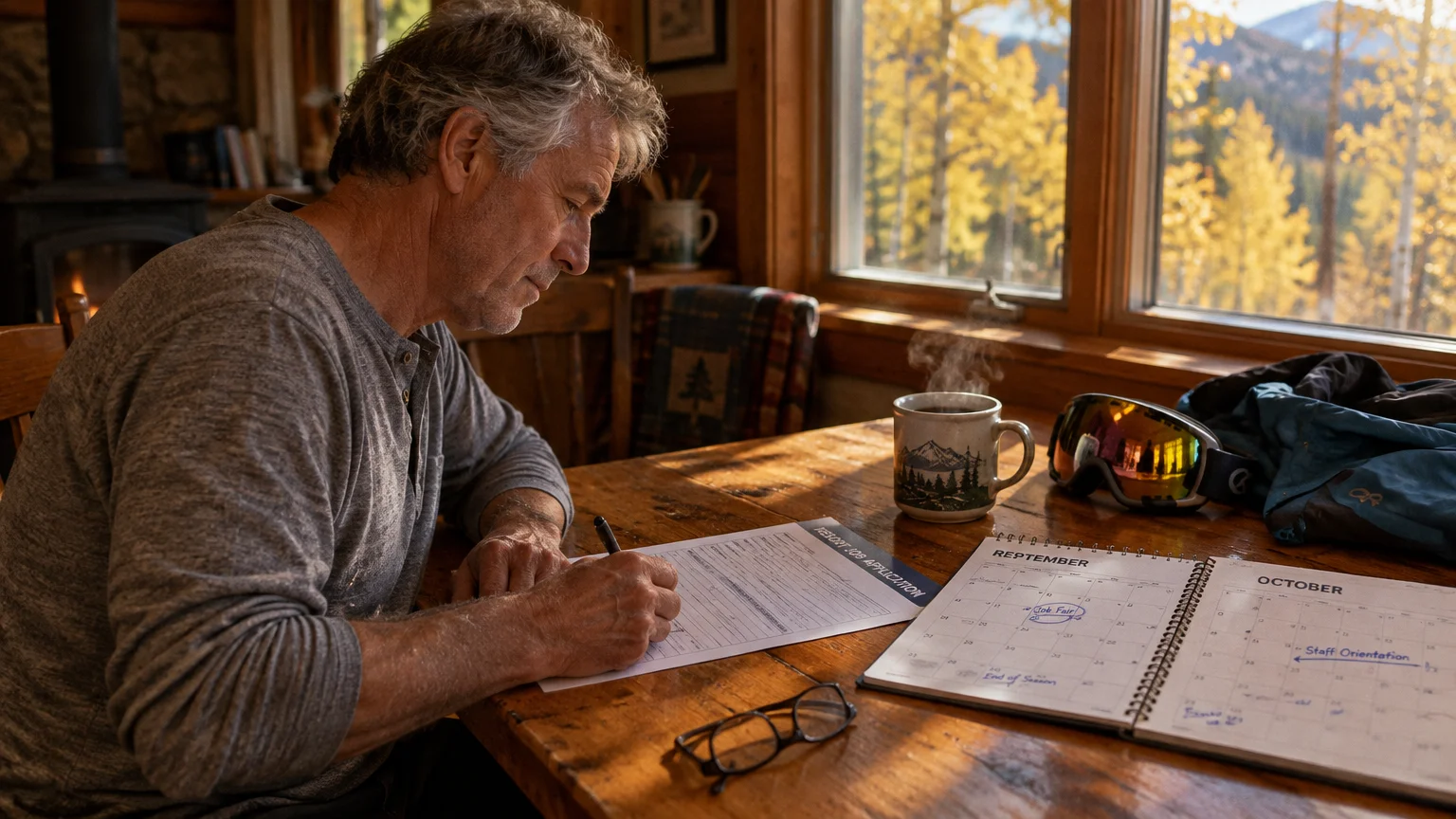 A senior man sits at a wooden table filling out a job application next to an open planner, coffee mug, and ski goggles.