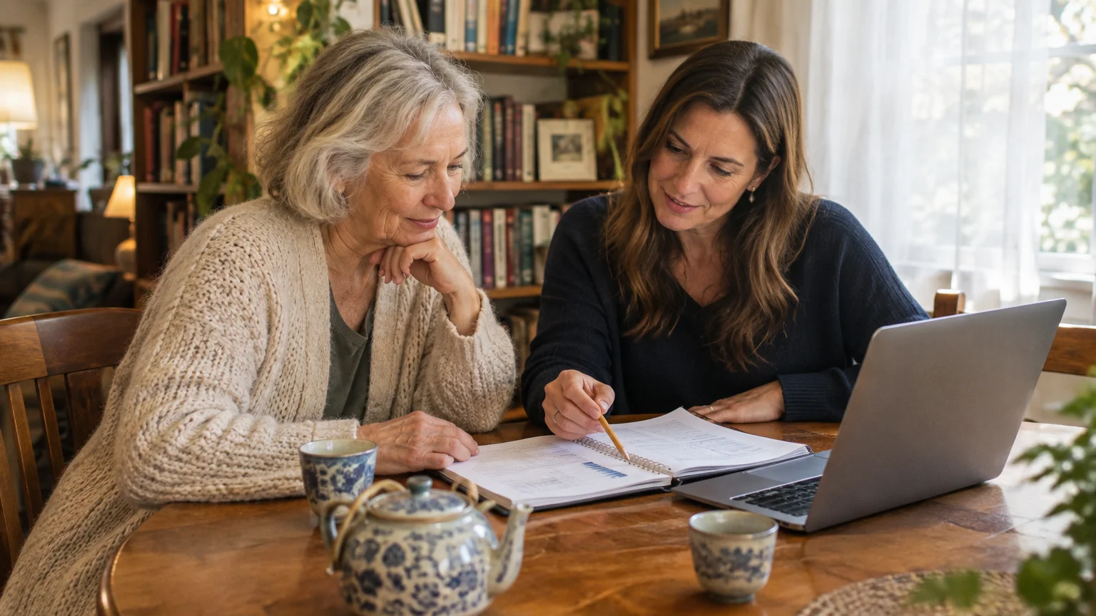 Two women sit at a wooden dining table reviewing a notebook and laptop together beside a teapot and cups.