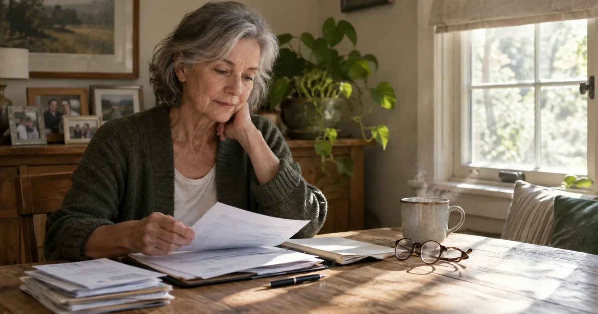 Mature woman sitting at a sunlit wooden table reviewing paperwork, with eyeglasses, a pen, and a steaming mug nearby.