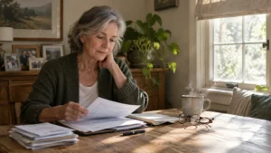 Mature woman sitting at a sunlit wooden table reviewing paperwork, with eyeglasses, a pen, and a steaming mug nearby.