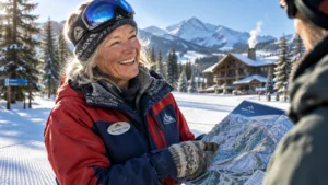 Smiling senior woman wearing a Mountain Host badge points to a ski trail map outdoors in the snow.
