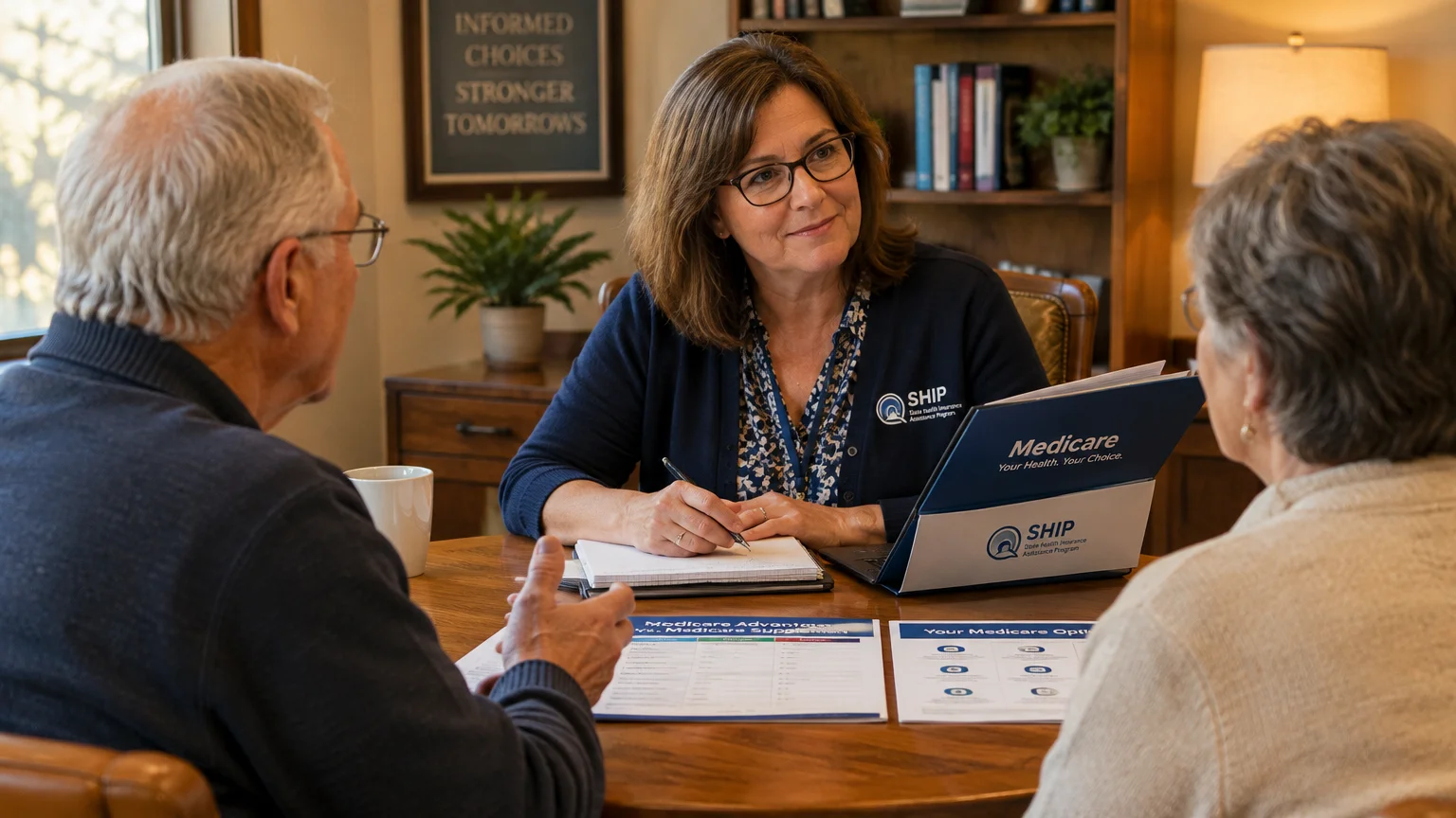 A female SHIP counselor reviews Medicare paperwork across a wooden table with an older couple in an office.