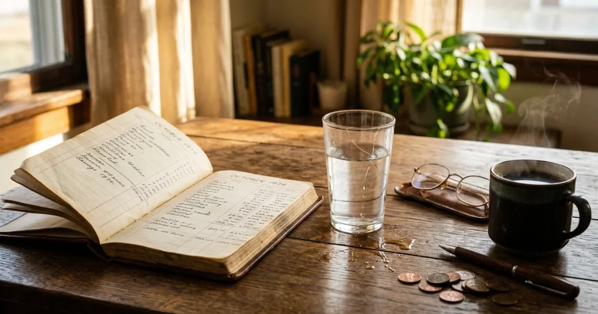 A cracked glass leaking water on a wooden desk next to an open ledger, steaming mug, eyeglasses, and coins.