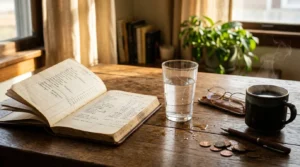 A cracked glass leaking water on a wooden desk next to an open ledger, steaming mug, eyeglasses, and coins.