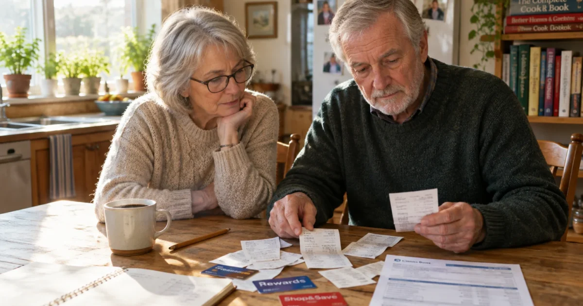 Senior couple sitting at a wooden kitchen table reviewing paper receipts, bank statements, and store reward cards.
