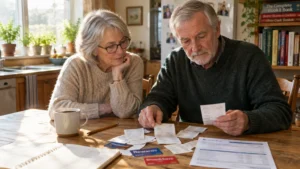 Senior couple sitting at a wooden kitchen table reviewing paper receipts, bank statements, and store reward cards.
