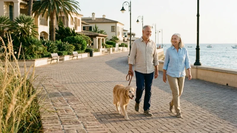 A senior couple walks a golden retriever along a paved coastal promenade bordered by Mediterranean-style buildings and the ocean.