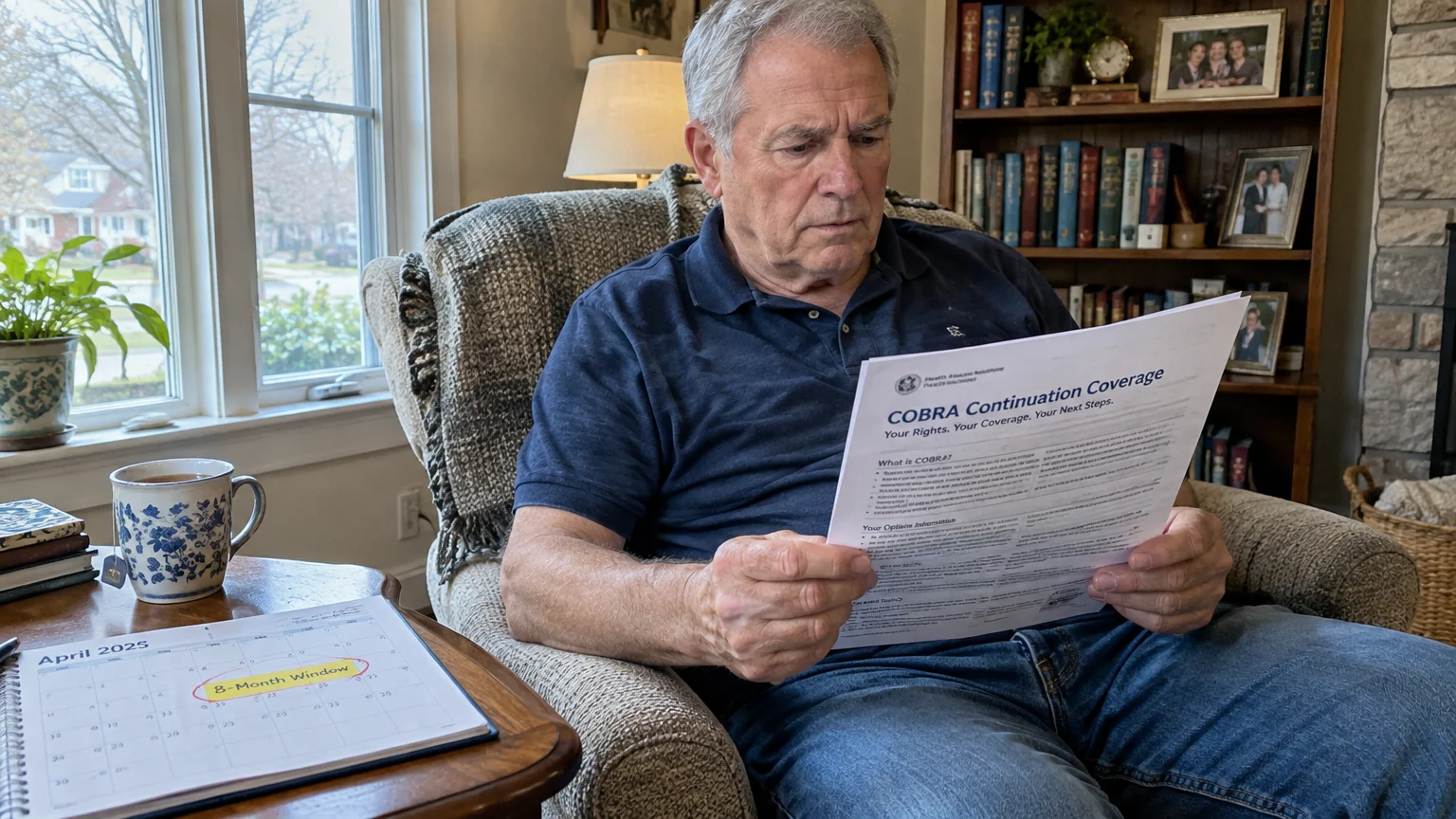 Senior man sitting in an armchair reading a COBRA Continuation Coverage document beside a calendar marked 8-Month Window.