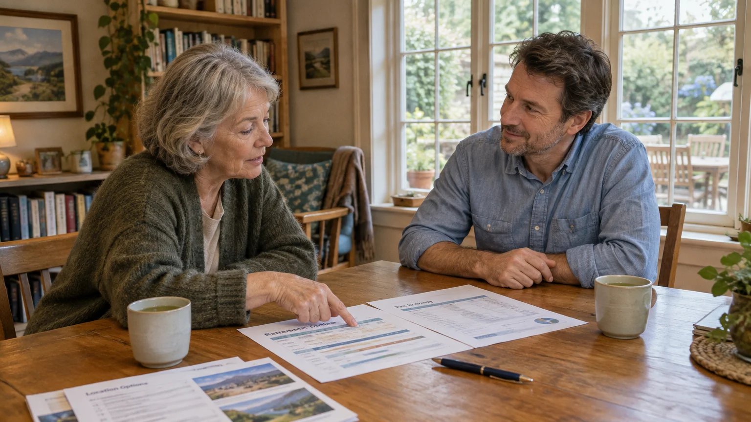 A senior woman and a man sit at a wooden dining table reviewing printed financial documents and charts together.