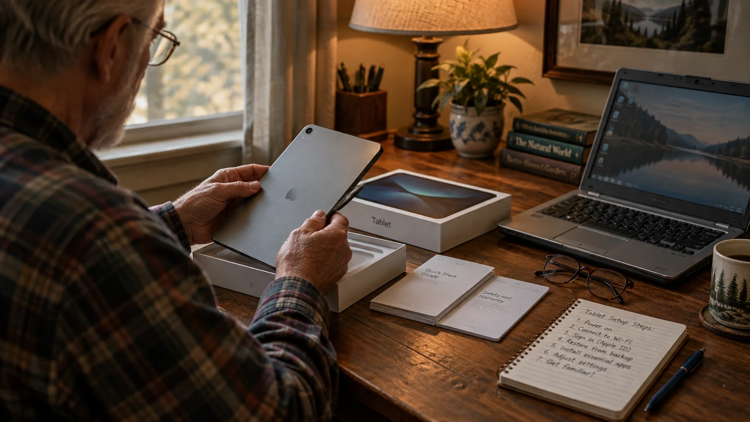 An older man unboxes a grey tablet at a wooden desk next to a laptop, setup notes, and manuals.