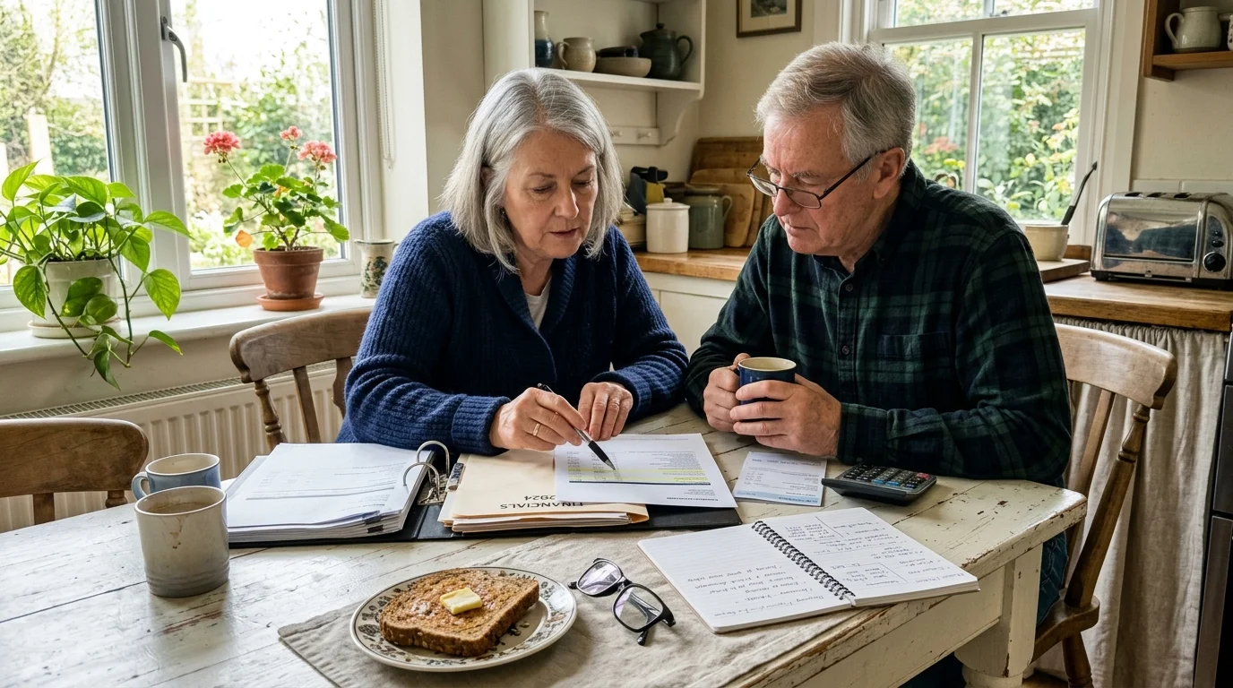 Senior couple sitting at a wooden kitchen table reviewing financial paperwork, notes, and a calculator together.