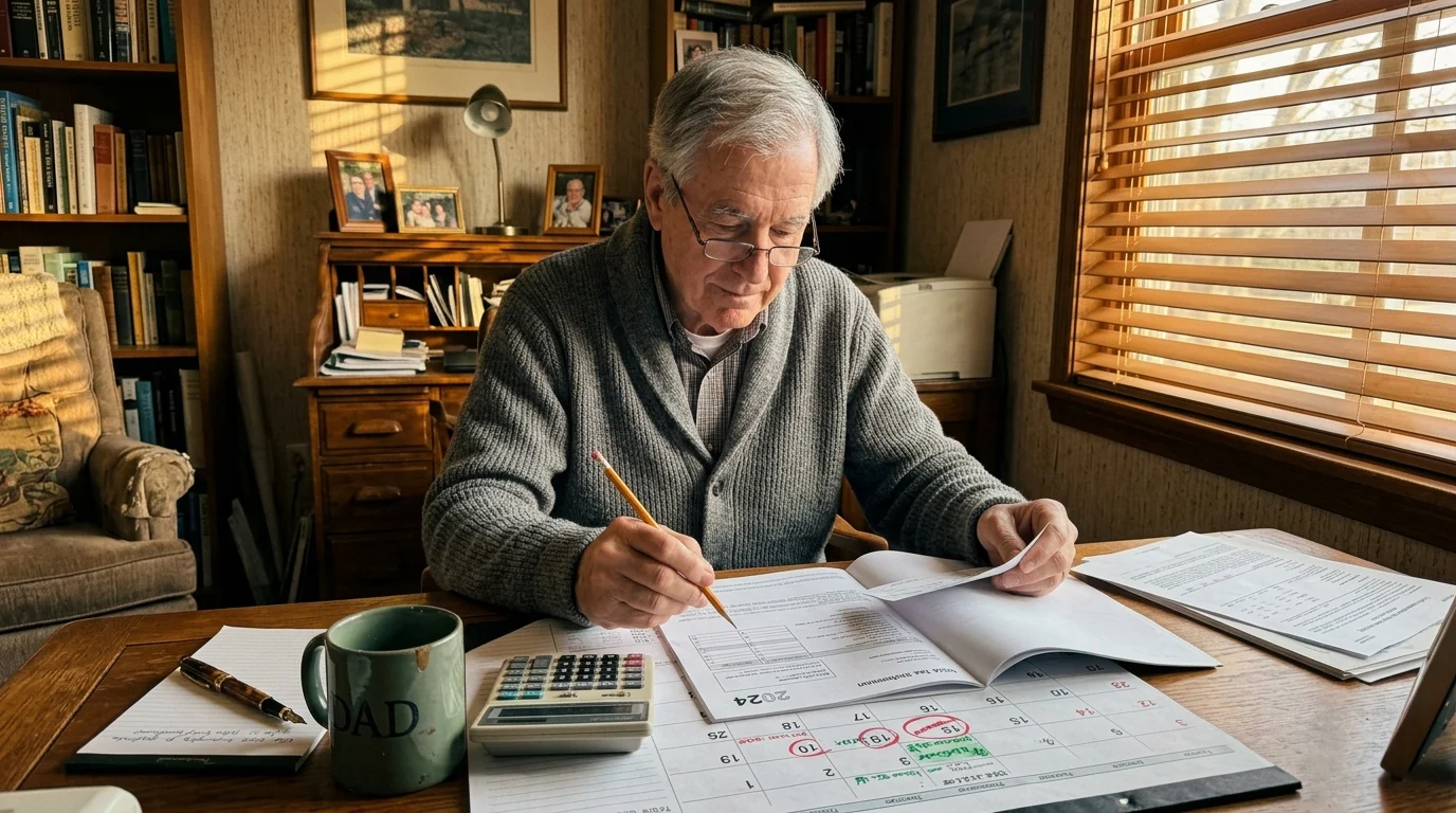 Senior man wearing glasses sits at a desk reviewing financial documents with a pencil, calculator, and desk calendar.