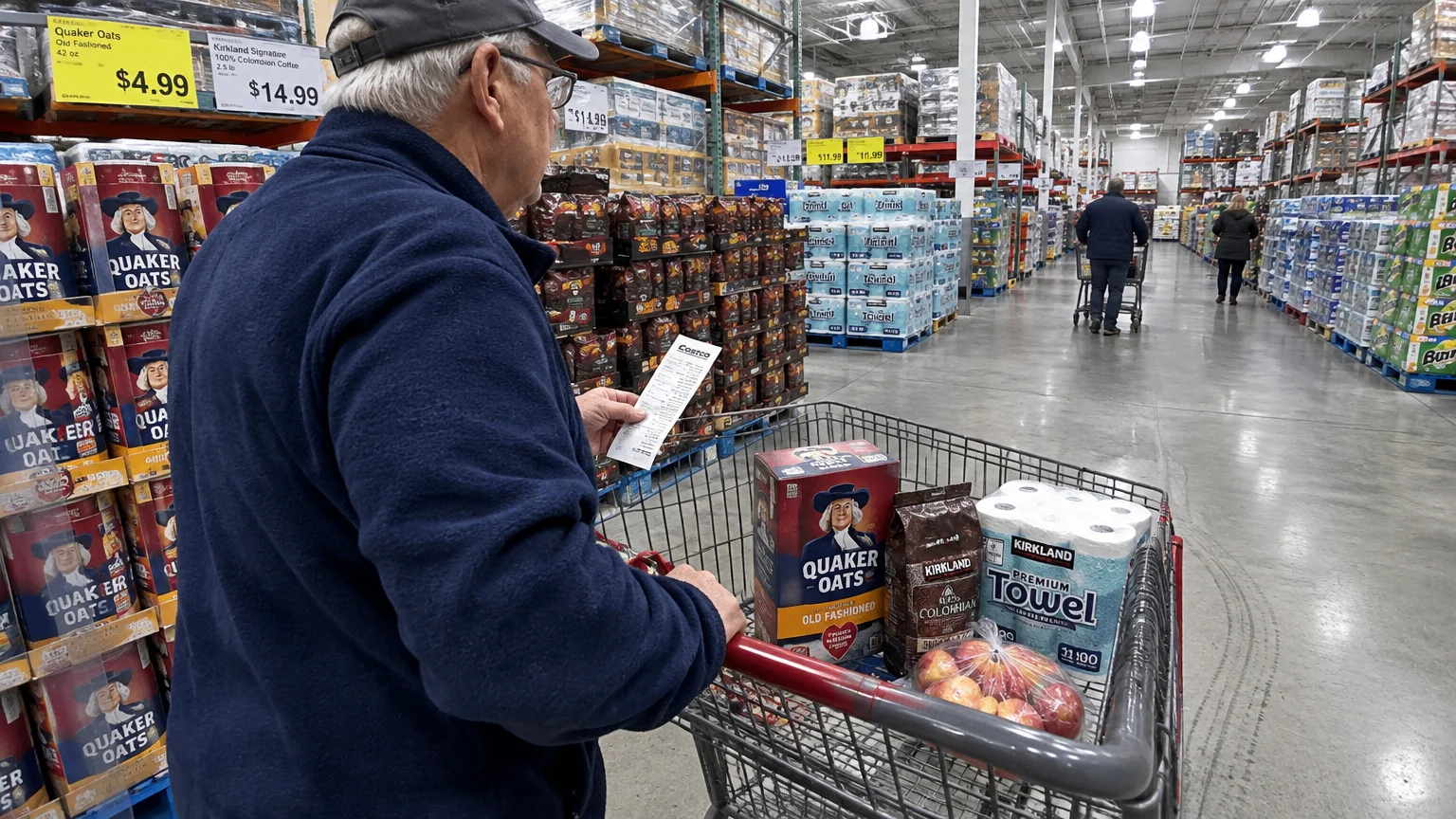 A man looks at a receipt beside a shopping cart filled with groceries inside a Costco warehouse store.