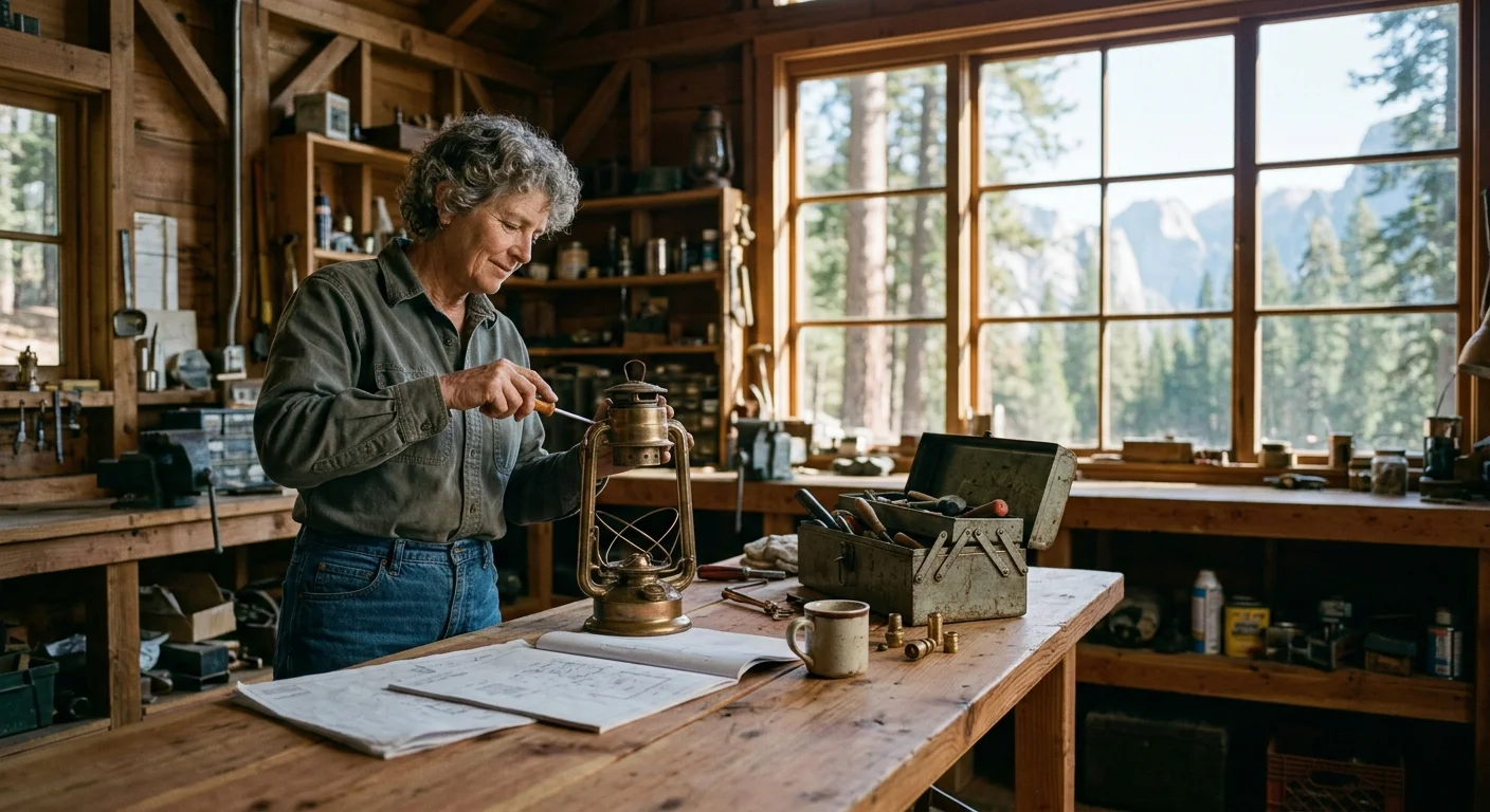 A smiling older woman repairs a brass lantern at a wooden workbench inside a rustic workshop with forest views.