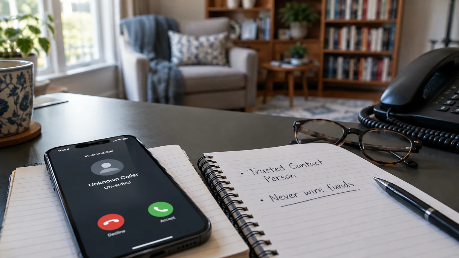 A smartphone showing an unknown incoming call rests beside an open notebook and eyeglasses on a desk.