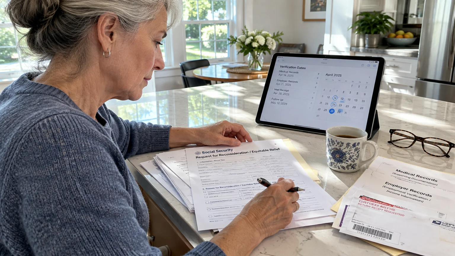 Woman filling out a Social Security Equitable Relief form with a tablet, coffee mug, and envelopes on a counter.