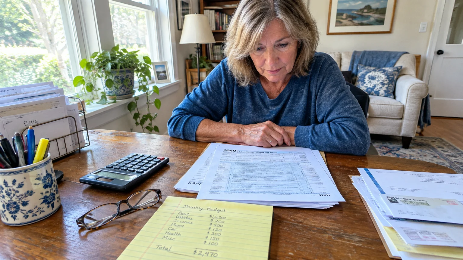 A woman sits at a wooden desk reviewing a 1040 tax form alongside a calculator and handwritten monthly budget.