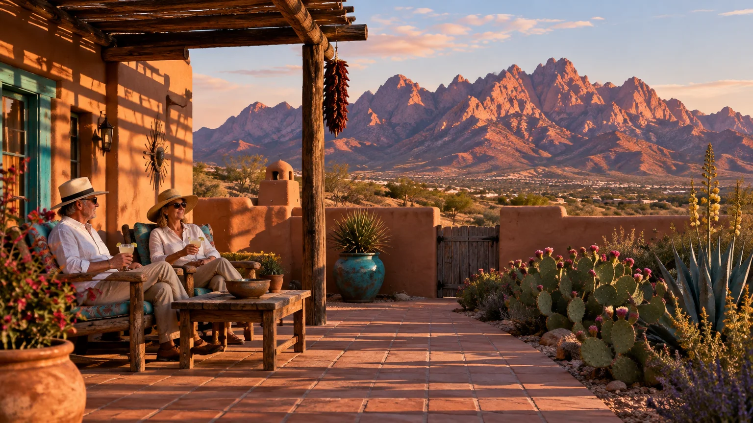 A couple relaxes on an adobe patio facing a dramatic desert mountain range at sunset, surrounded by cacti.