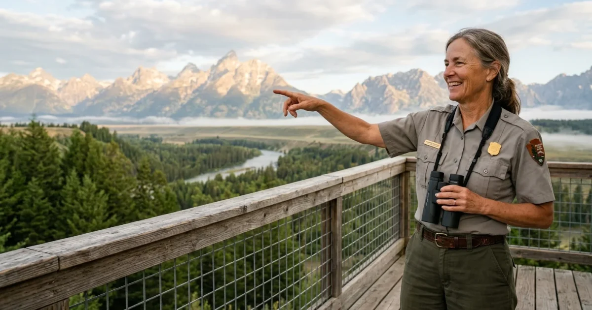Smiling female park ranger with binoculars points from a wooden observation deck overlooking a river valley and mountains.