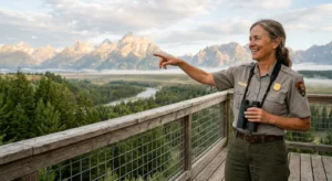 Smiling female park ranger with binoculars points from a wooden observation deck overlooking a river valley and mountains.