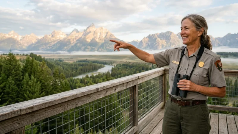 Smiling female park ranger with binoculars points from a wooden observation deck overlooking a river valley and mountains.