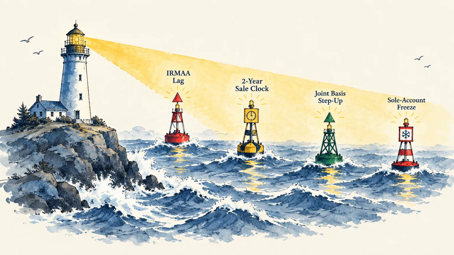 Watercolor illustration of a lighthouse beam illuminating labeled navigational buoys in rough sea waters.