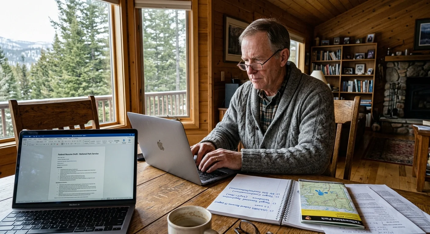 A mature man works on a laptop at a wooden table with park brochures, notes, and a second screen open to a resume.