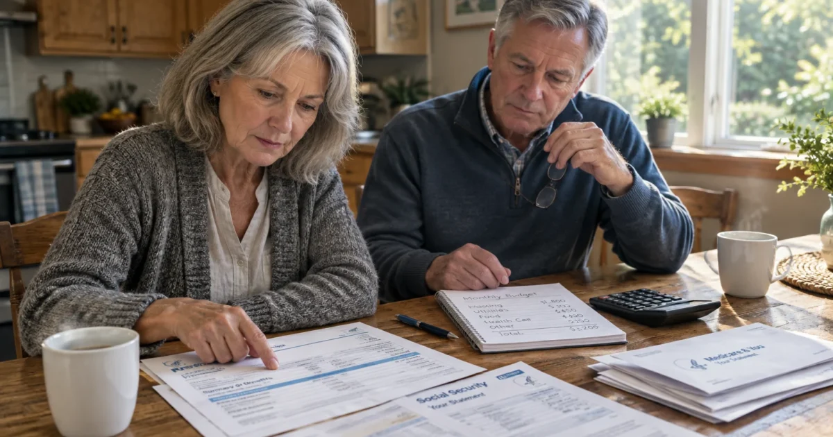 Senior couple sitting at a wooden table reviewing Social Security and Medicare documents beside a budget notepad.