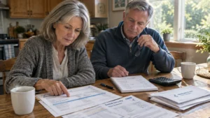 Senior couple sitting at a wooden table reviewing Social Security and Medicare documents beside a budget notepad.