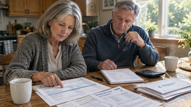 Senior couple sitting at a wooden table reviewing Social Security and Medicare documents beside a budget notepad.