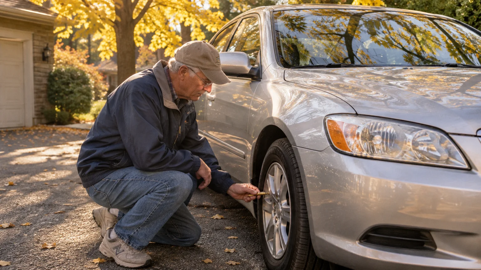 A senior man kneeling beside a silver car in a driveway to check the front tire pressure with a small gauge.