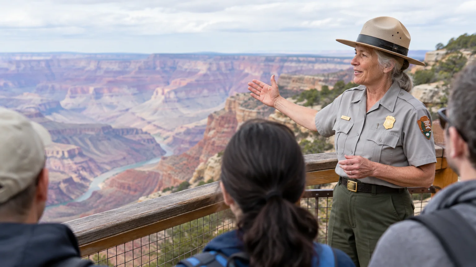 A park ranger in uniform gestures toward a vast canyon while speaking to a group of visitors at an overlook.