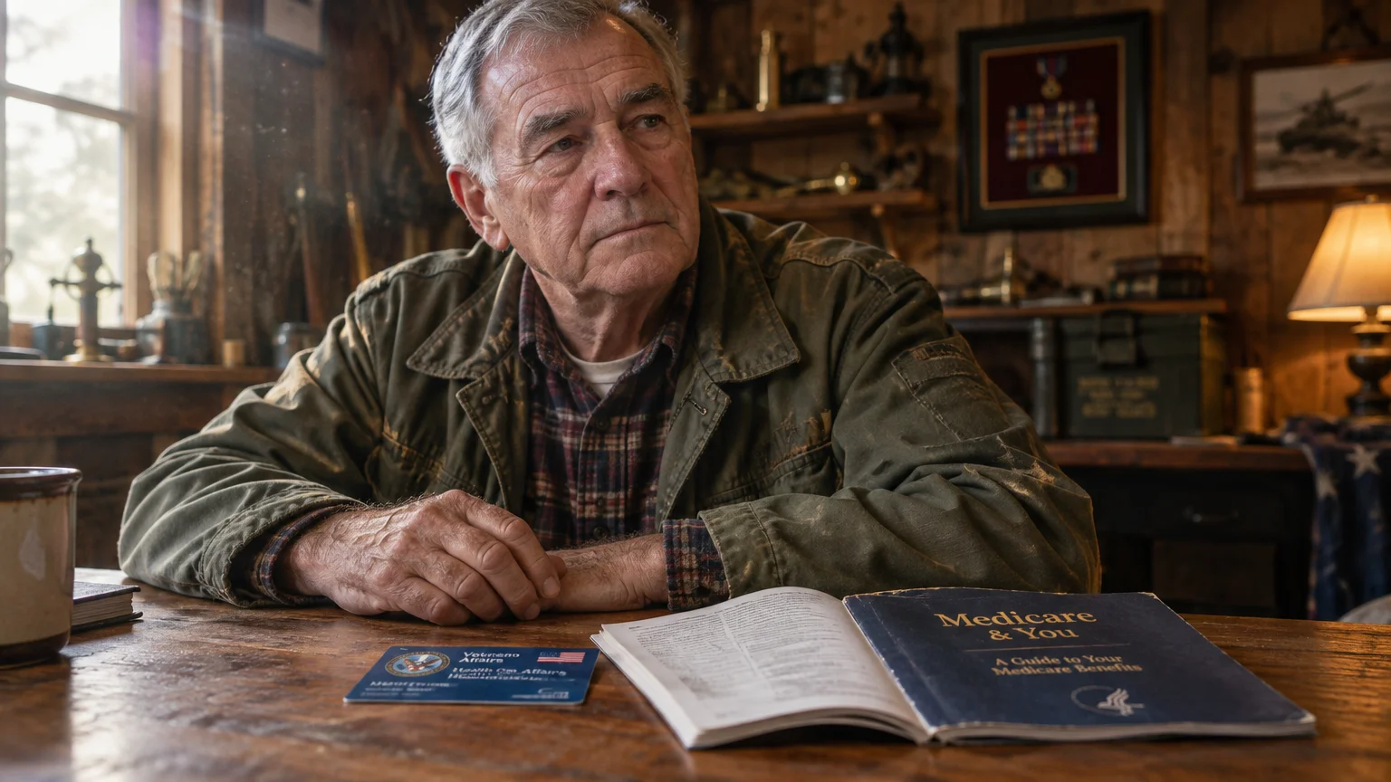 An older man sits at a wooden table looking away, beside an open Medicare handbook and a Veterans Affairs card.