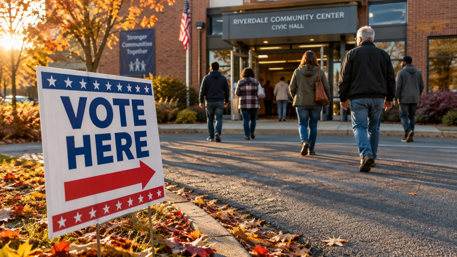 A Vote Here sign points toward people walking into a brick community center on a sunny autumn day.