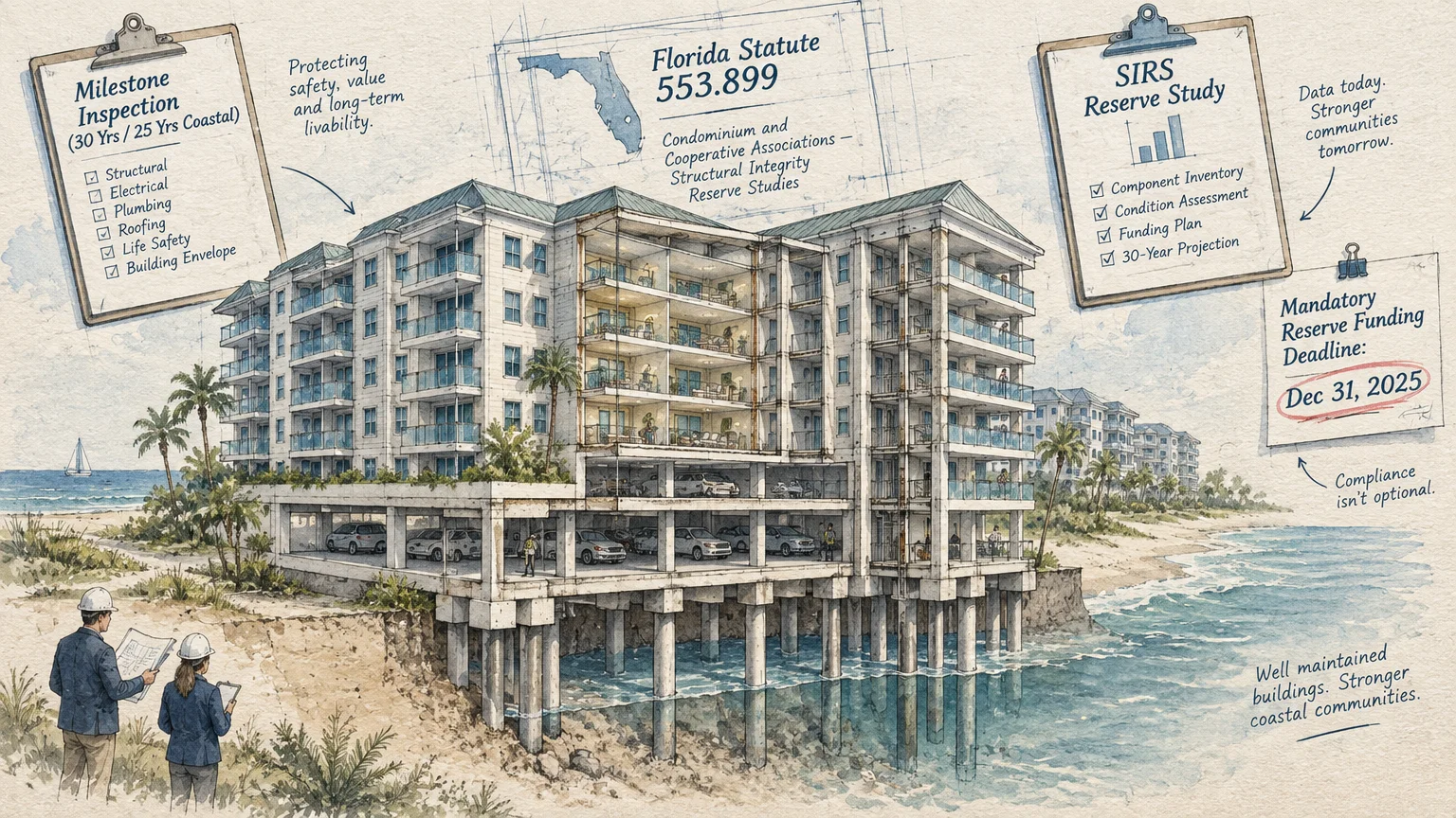 Cutaway illustration of a coastal condominium showing pilings and parking, viewed by inspectors alongside checklists.