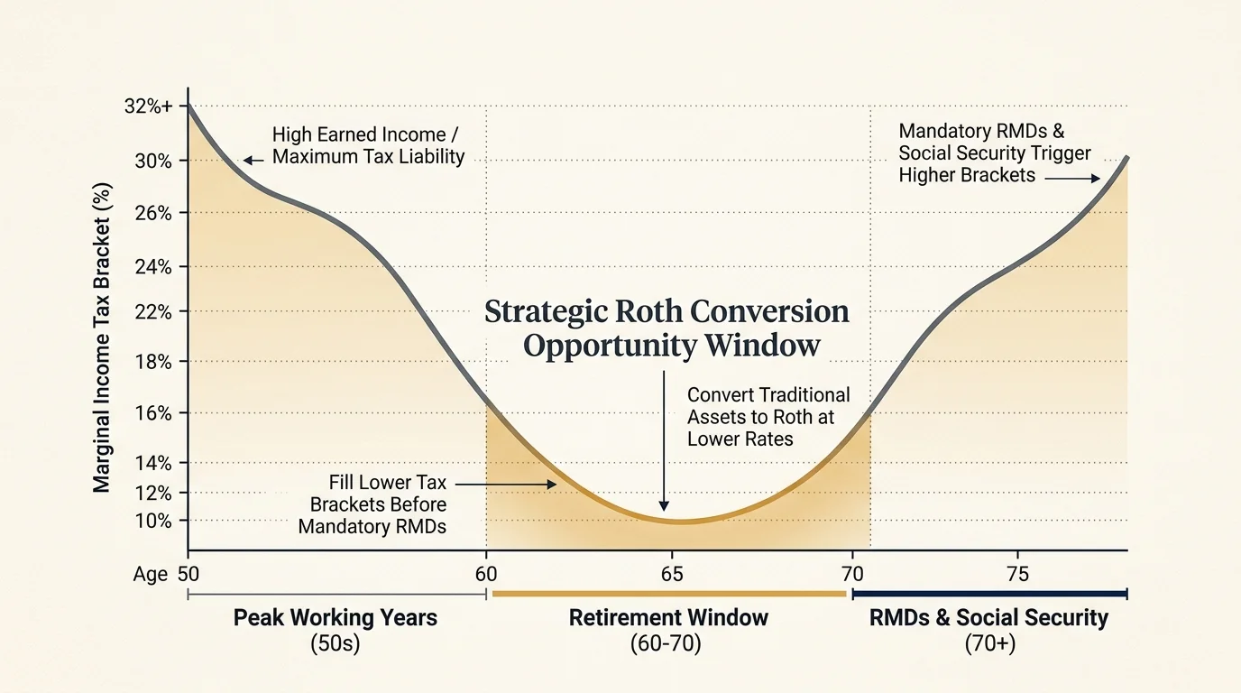 Line chart showing marginal income tax brackets dropping into a U-shaped valley between ages 60 and 70 for Roth conversions.