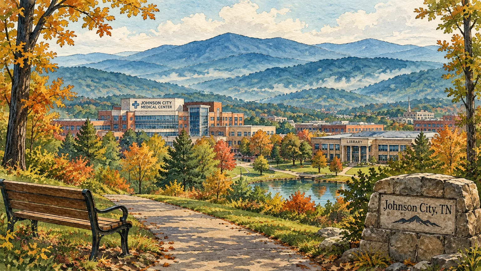 Watercolor illustration overlooking Johnson City, Tennessee, showing autumn trees, a park bench, and distant blue mountains.