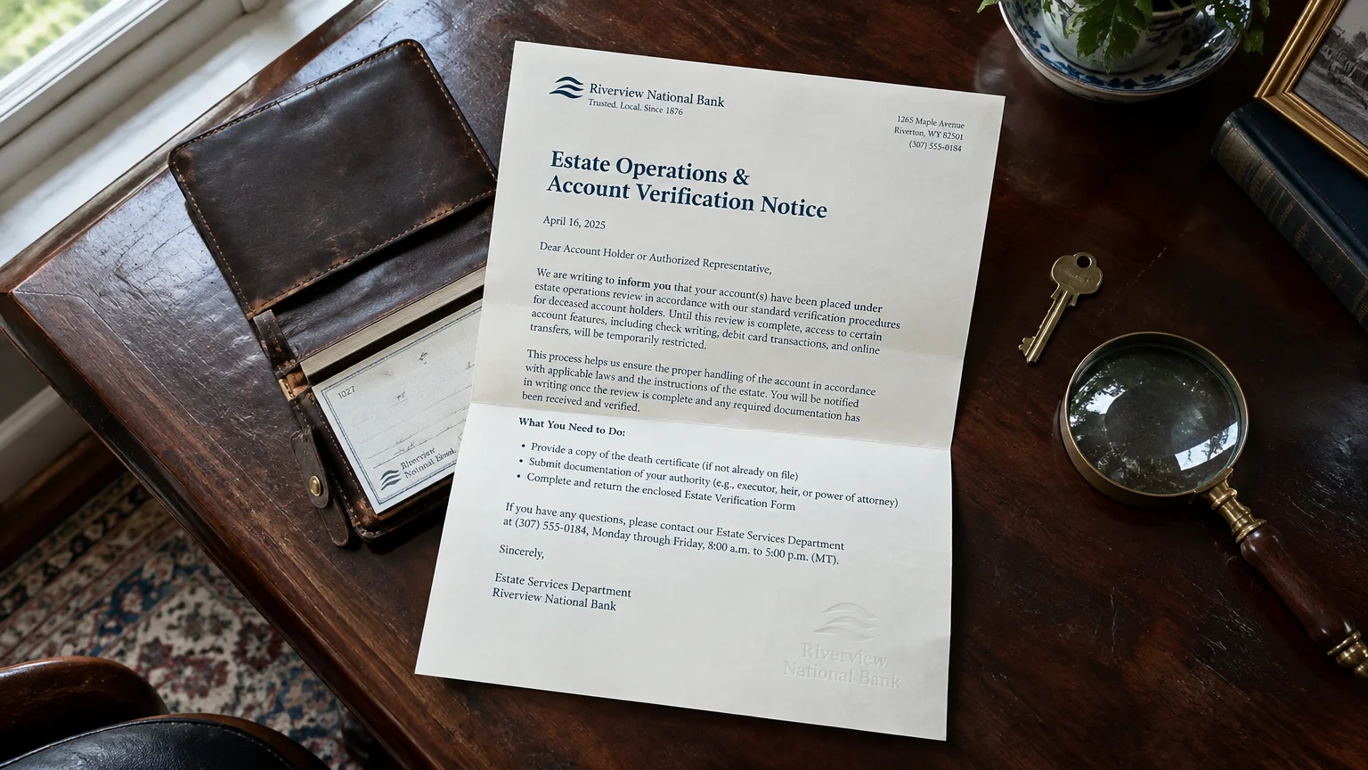 A bank estate operations letter on a wooden desk beside a leather checkbook, a key, and a magnifying glass.