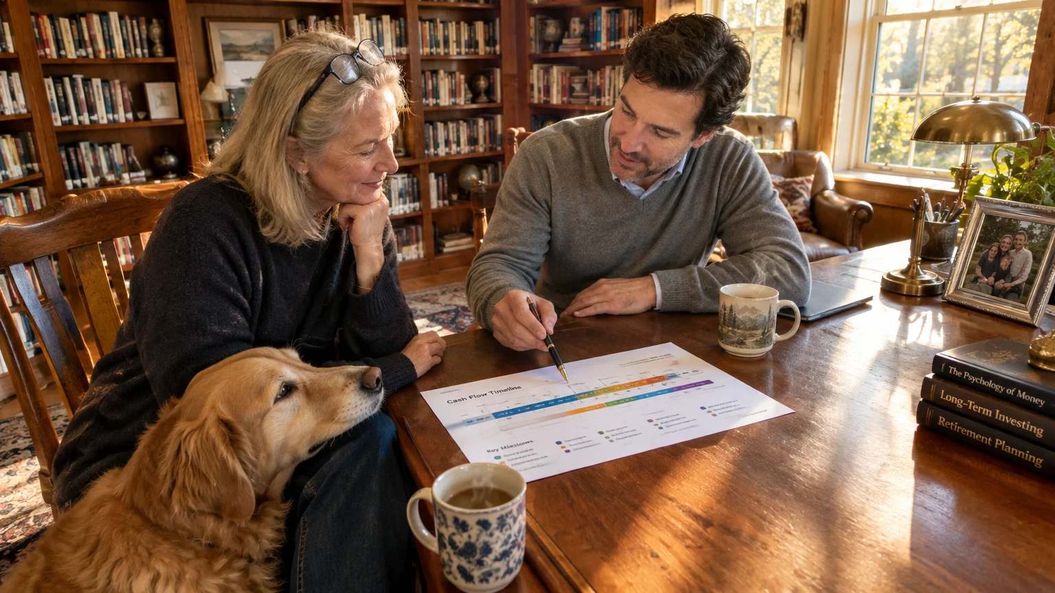 A man and woman review a cash flow timeline chart at a wooden desk beside a golden dog in a home library.