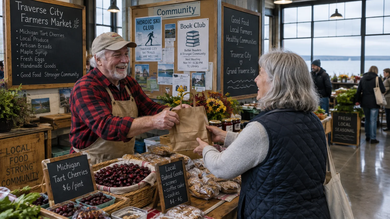 A smiling vendor in an apron hands a paper bag to a customer over a market stall filled with cherries and baked goods.