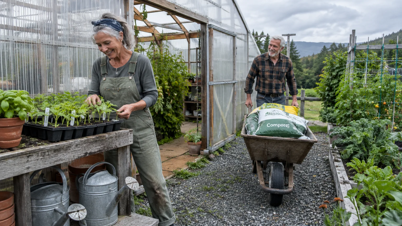 A smiling older woman tending potted plants outside a greenhouse while a man pushes a wheelbarrow full of compost bags.