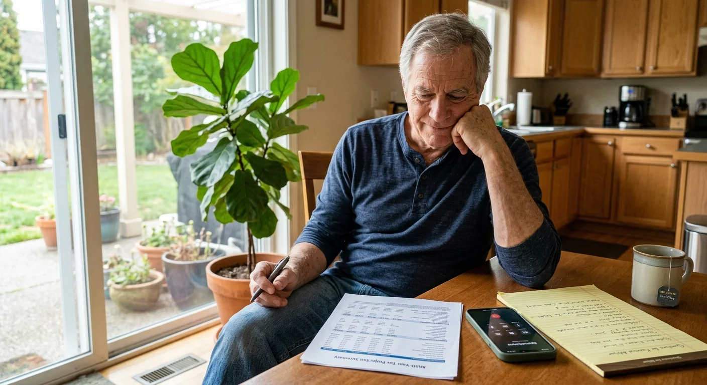 A mature man sits at a kitchen table reviewing financial paperwork beside a smartphone and notepad.