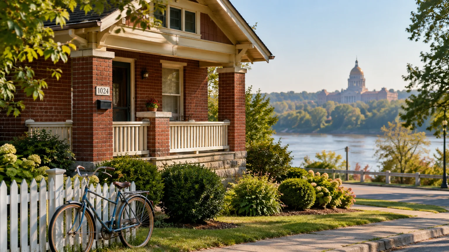 Brick craftsman bungalow with a front porch, white picket fence, and bicycle, overlooking a river and distant domed capitol.