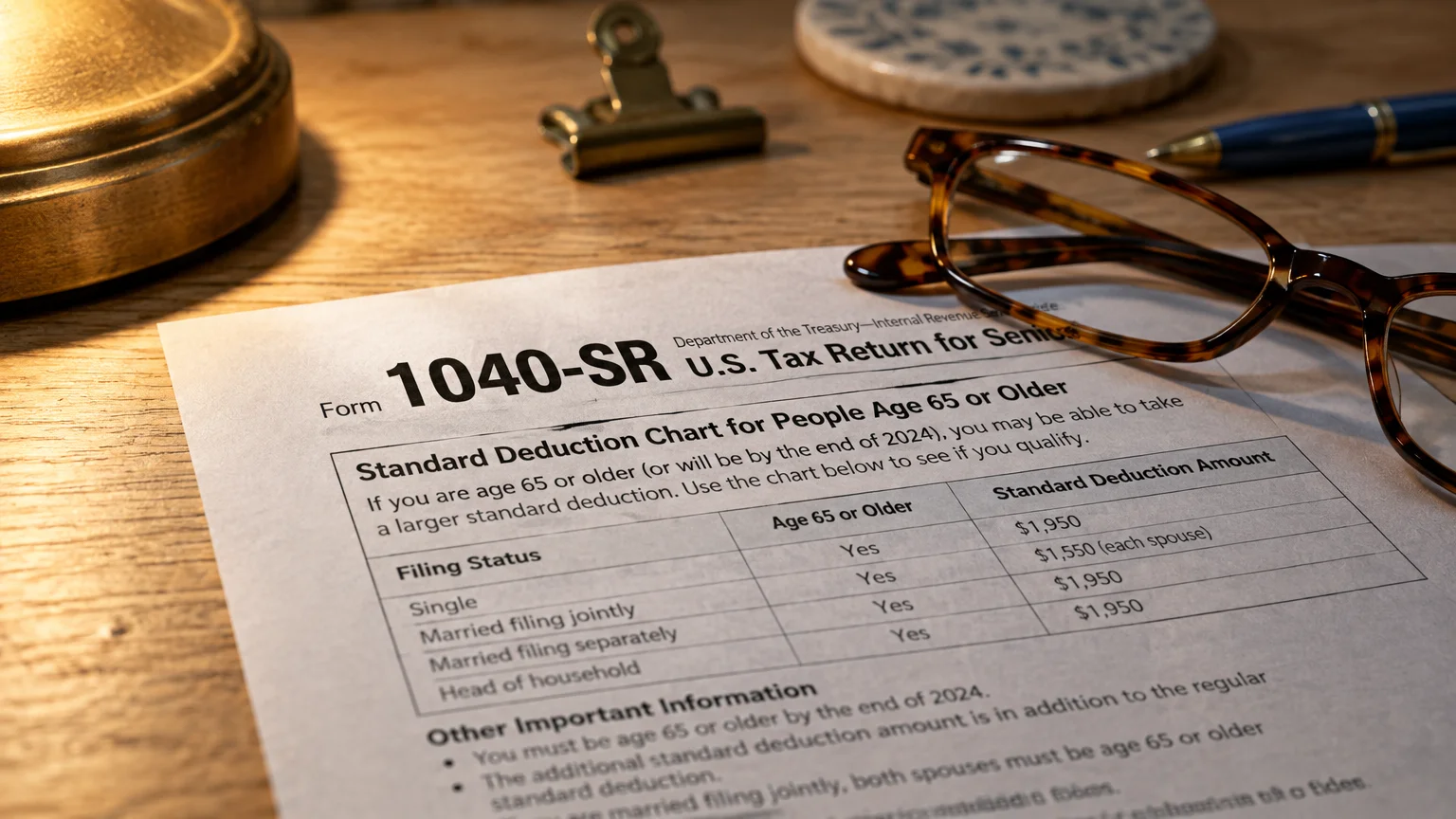Form 1040-SR on a wooden desk next to tortoiseshell reading glasses, a brass clip, and a pen.