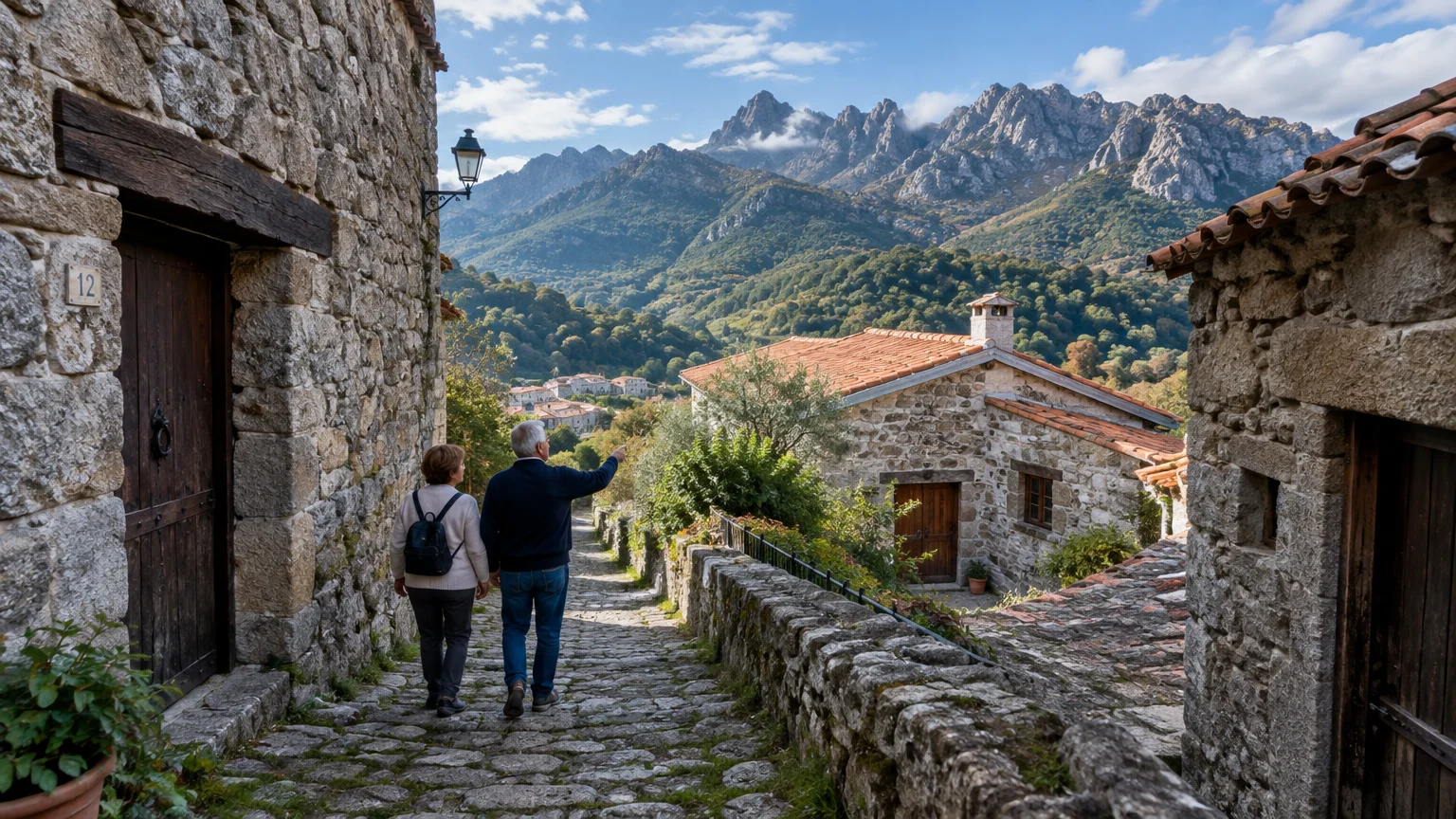 An older couple walks along a stone pathway between rustic cottages toward rugged mountains under a blue sky.