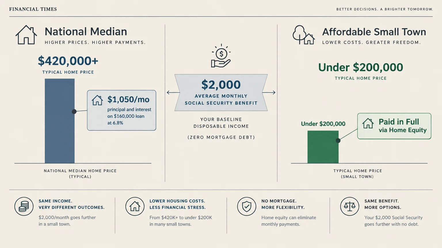 Infographic comparing a $420,000 national median home price to small town homes under $200,000 with a $2,000 benefit.